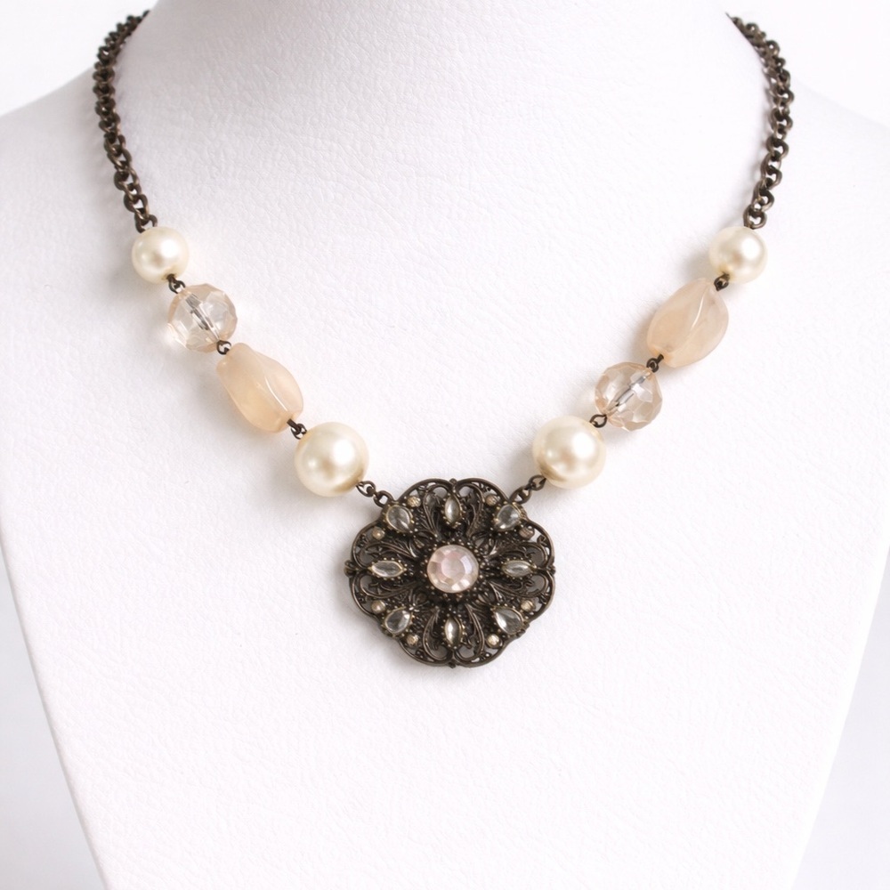 Vintage Inspired Filigree Medallion Necklace Pearl Crystal Statement Y2K